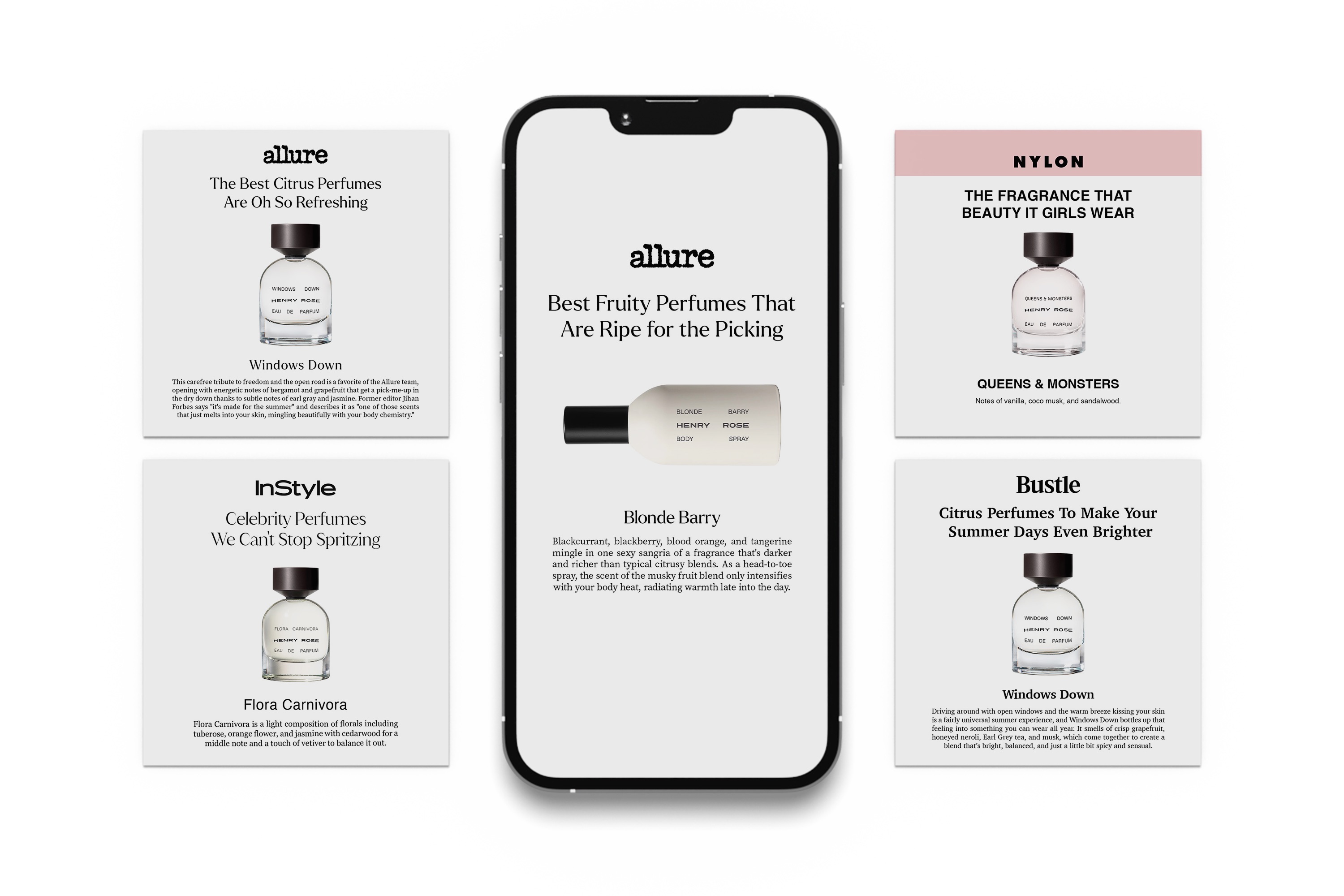 Perfume advertisements displayed on a smartphone surrounded by editorial-style fragrance graphics