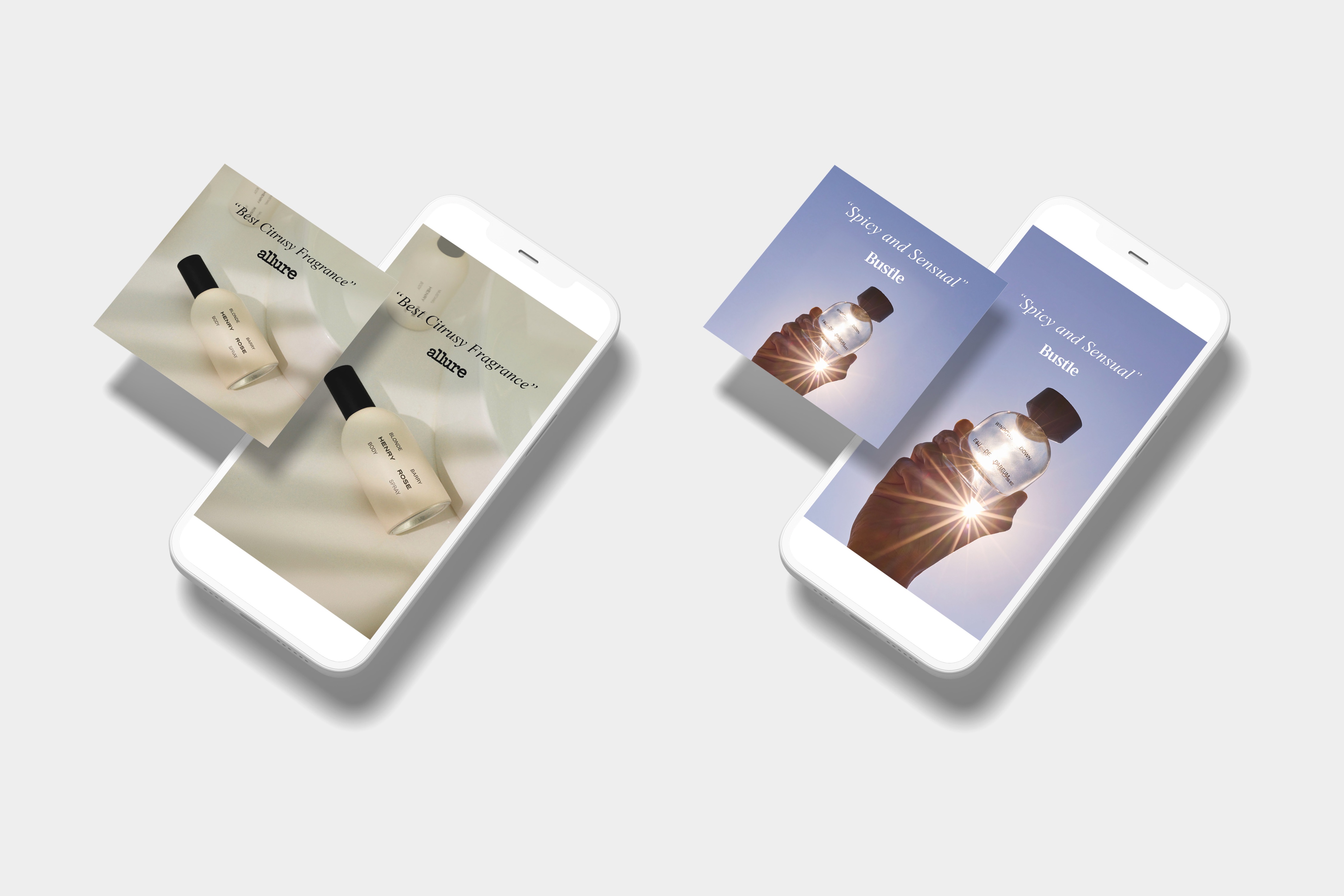 Perfume advertisement mockups displayed on smartphones with editorial-style promotional graphics