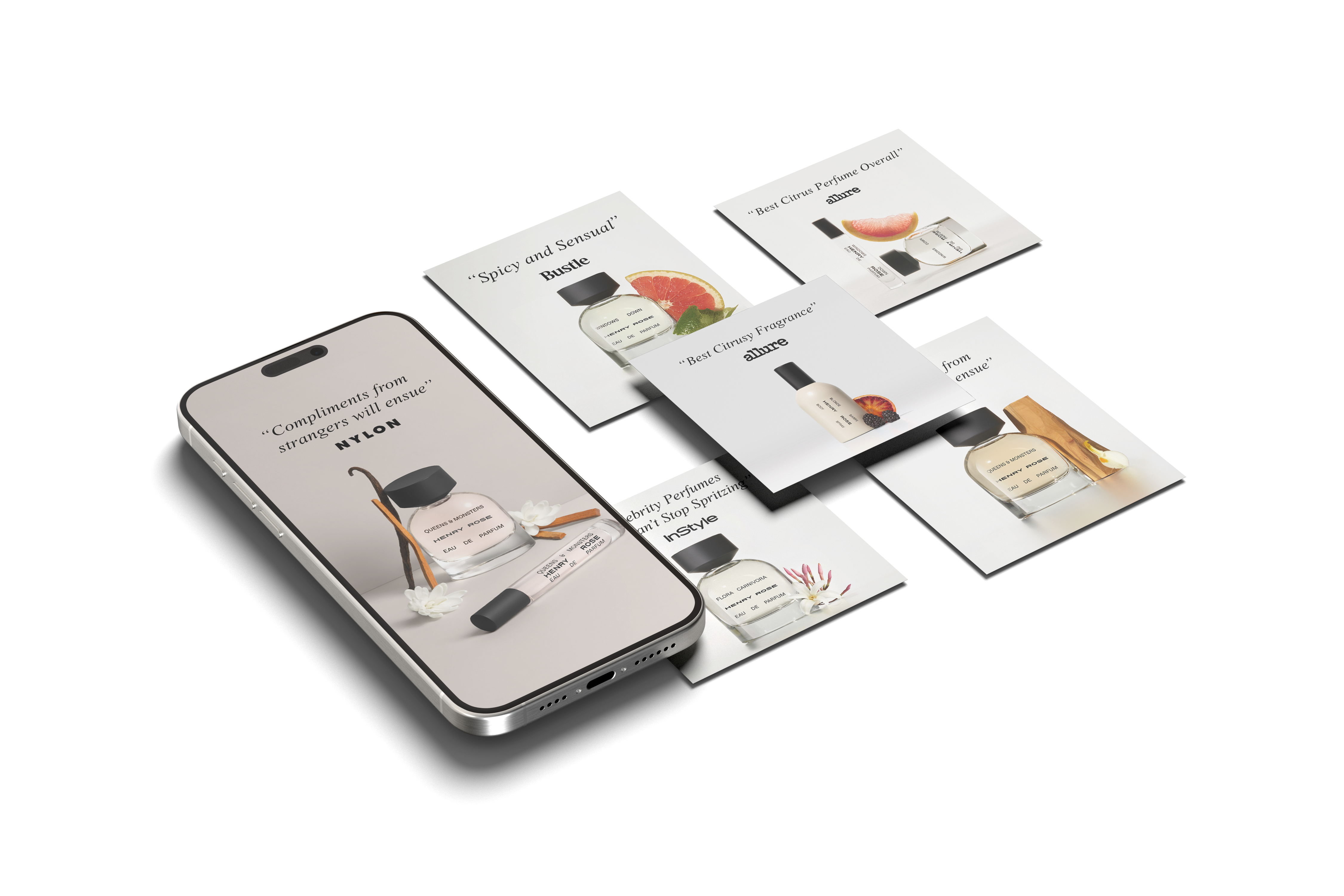 Digital perfume advertisements displayed on a smartphone alongside social media-style graphics