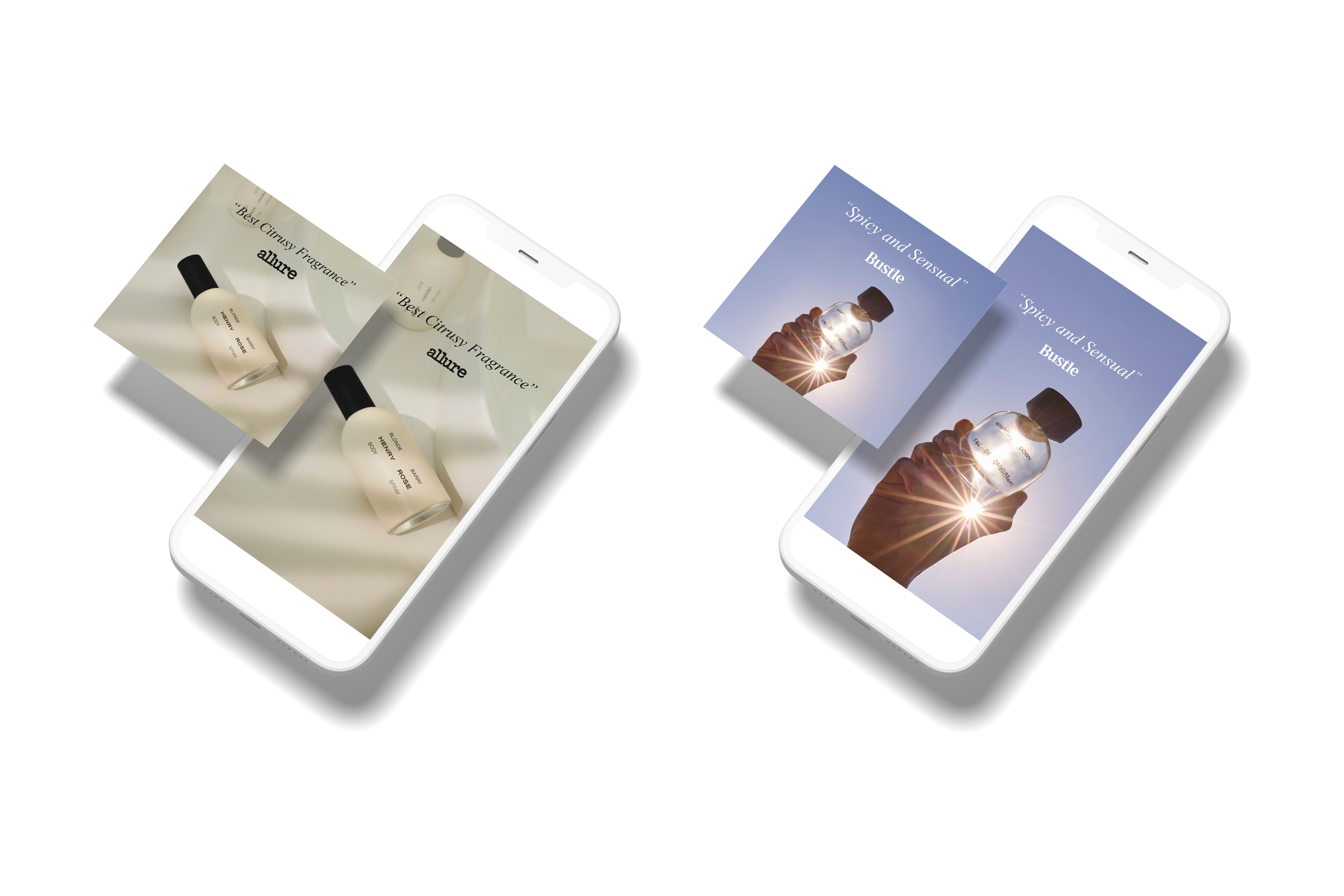 Perfume advertisement mockups displayed on smartphones with editorial-style promotional graphics