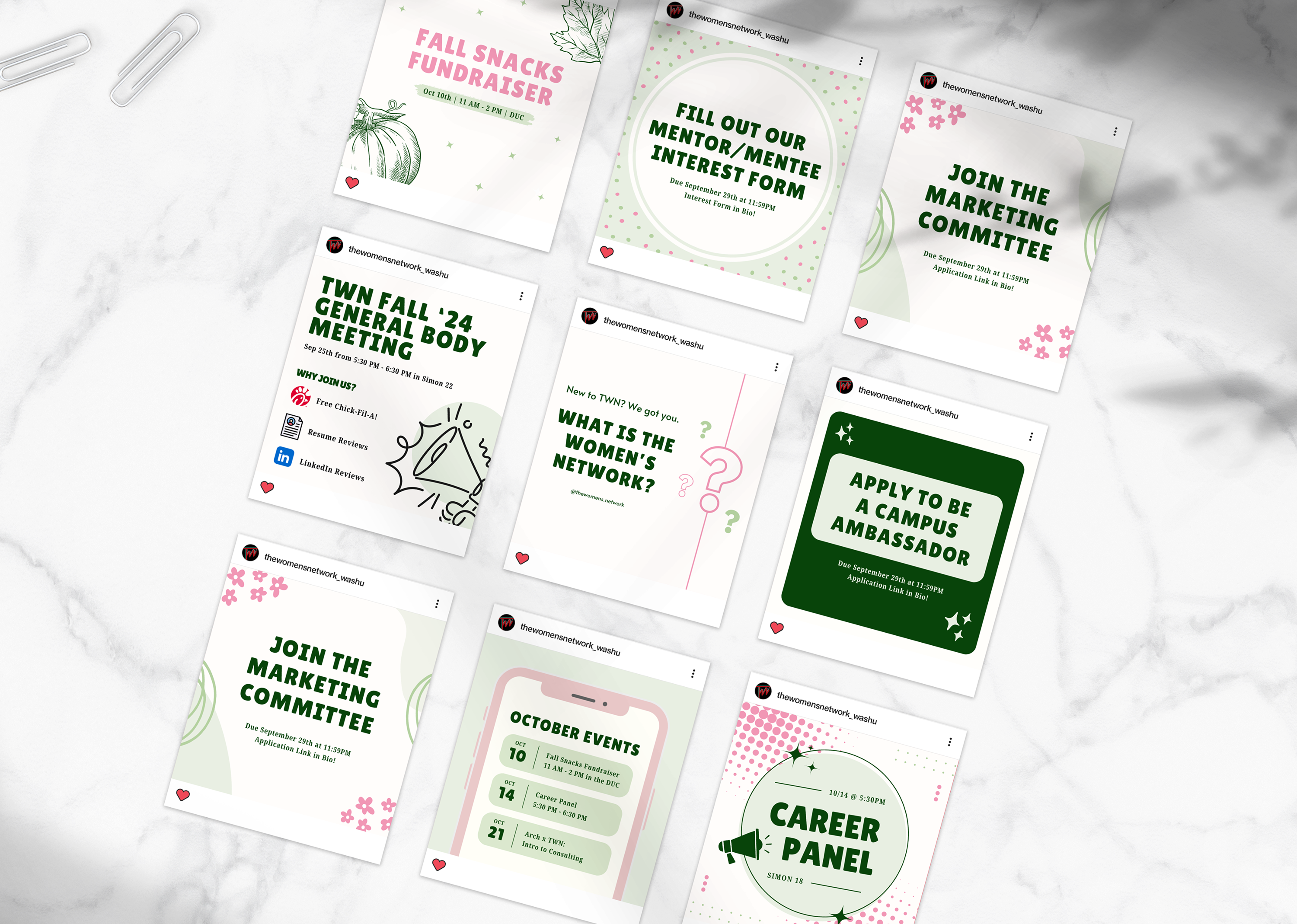 Collection of Instagram-style promotional posts for a university club featuring green and pink designs, highlighting events, applications, meetings, and a career panel