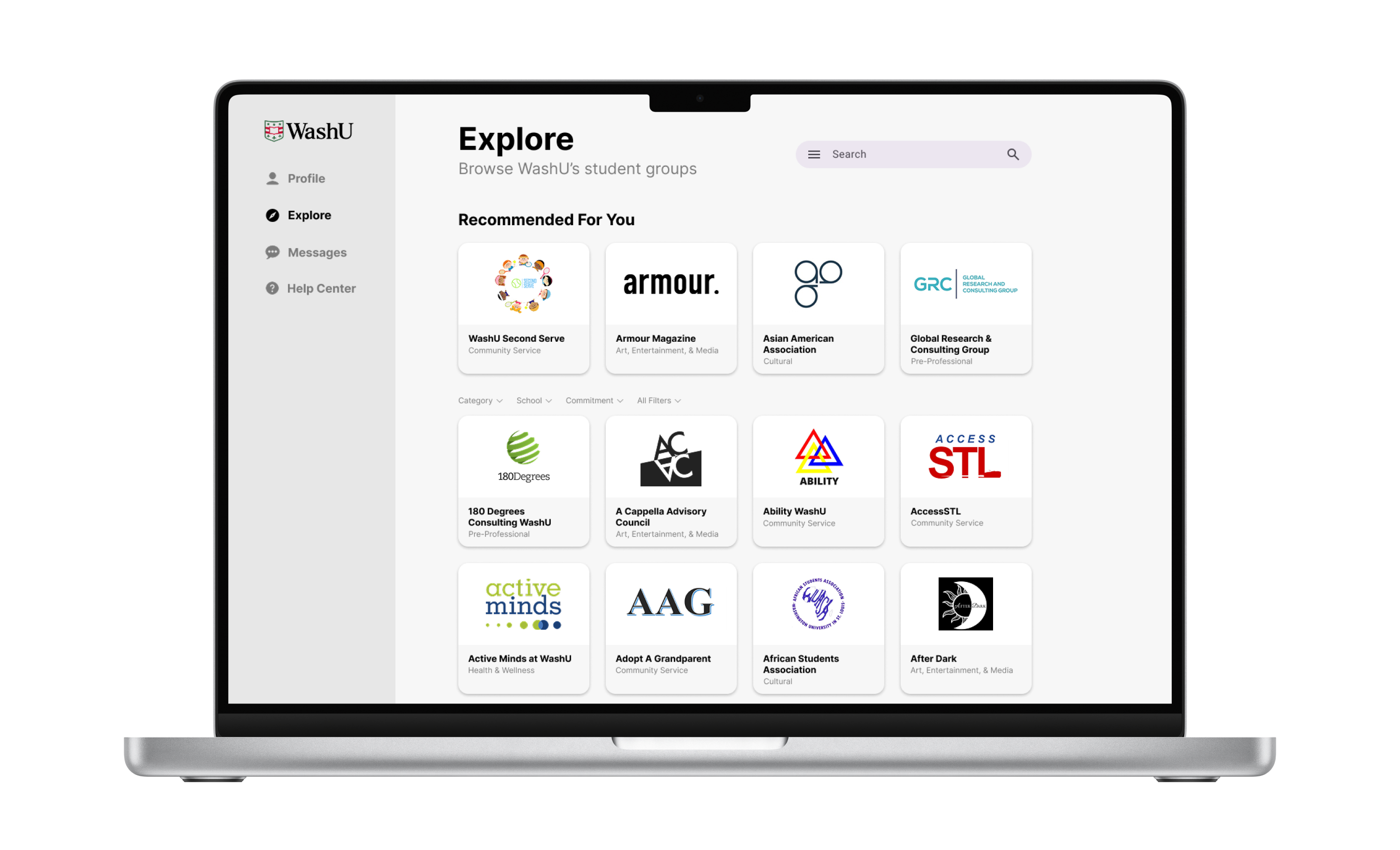 Club Discovery platform interface displayed on a laptop screen