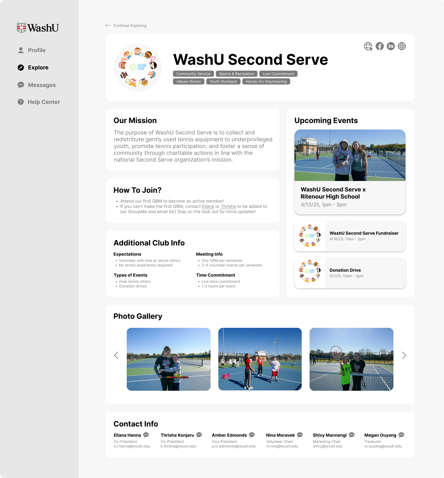 Club profile page for WashU Second Serve showing mission, events, gallery, and contact information