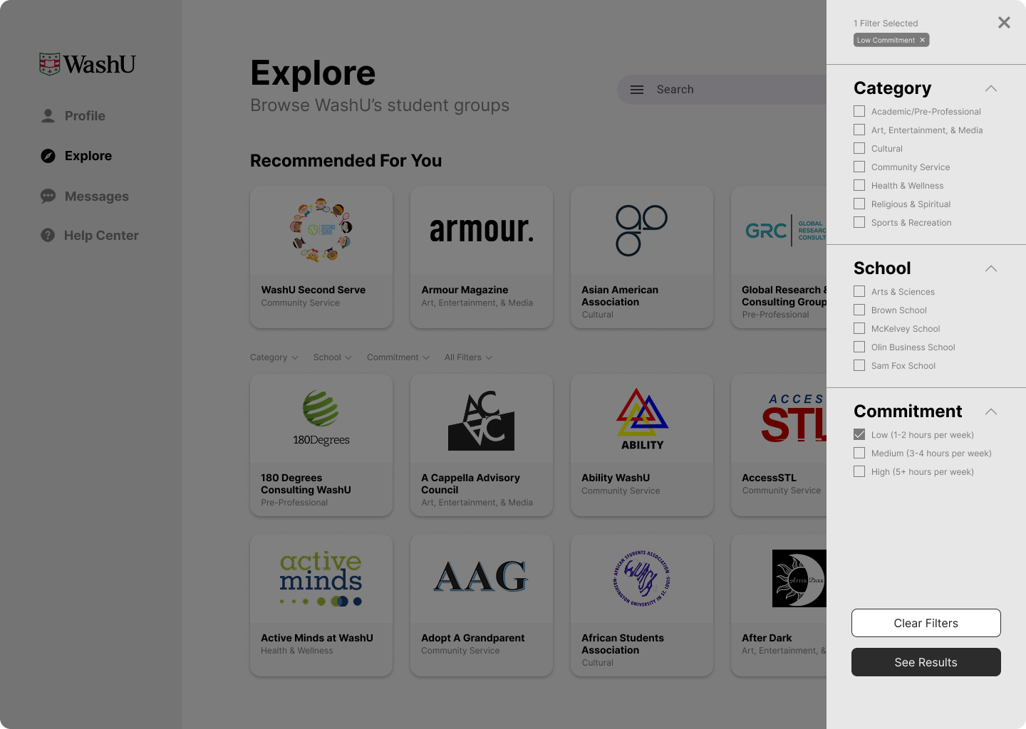 Club Discovery explore screen with filters panel open showing category, school, and commitment options