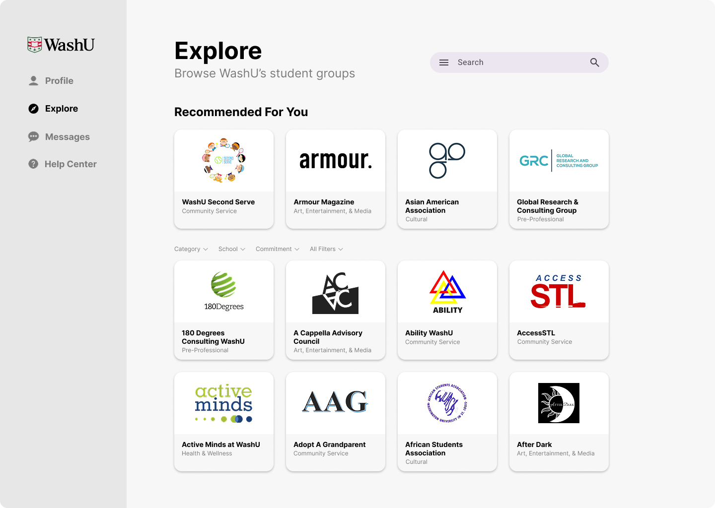 Club Discovery explore screen showing student organizations before filters are applied