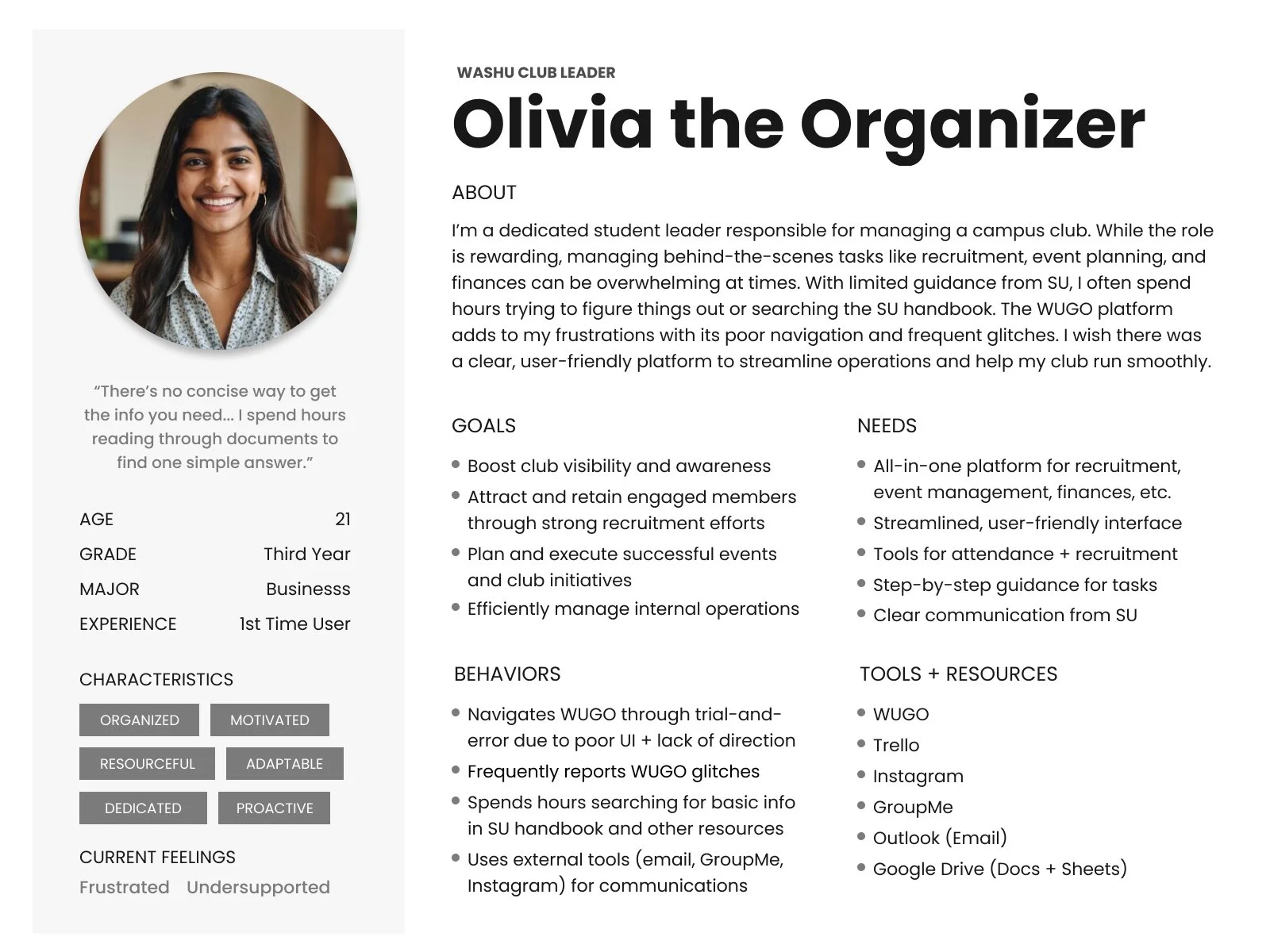 Club leader persona outlining goals, needs, behaviors, and challenges in managing a student organization