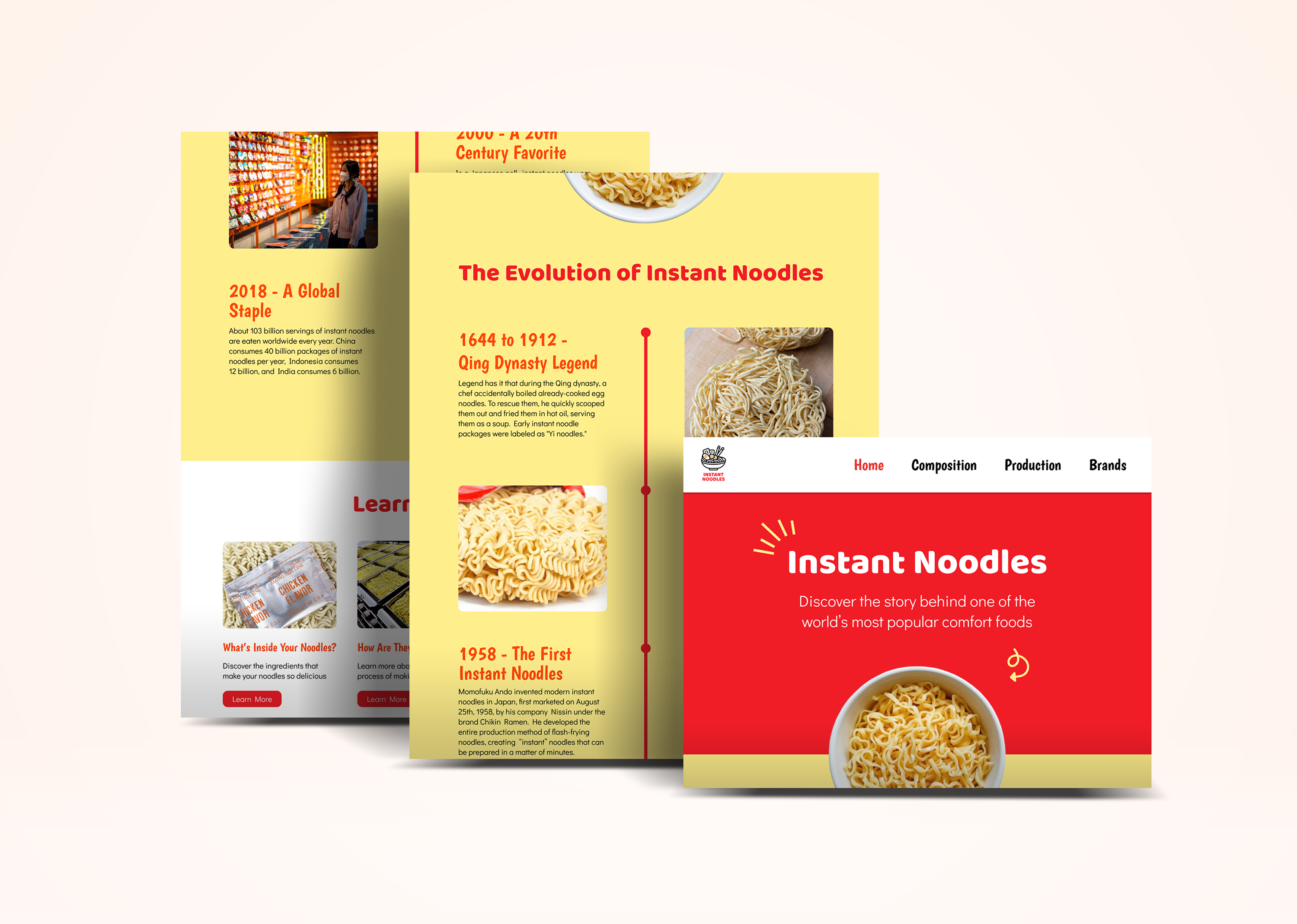 Instant noodles website mockup featuring a hero section and educational content about the history of instant noodles