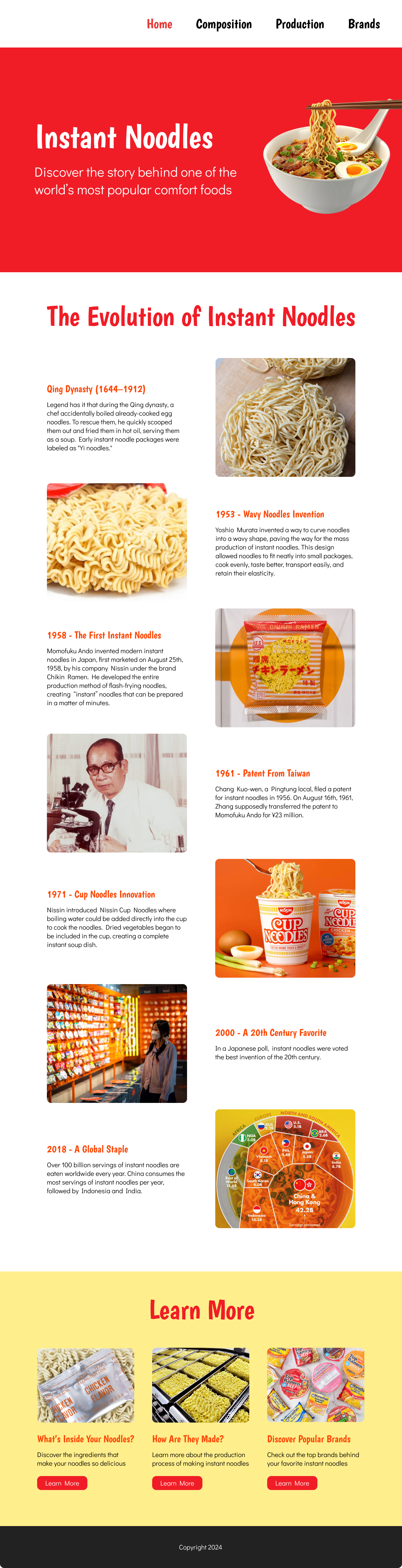 Mockup Version A of the Instant Noodles educational webpage featuring a scrolling layout with images and Learn More cards on ingredients, production, and brands