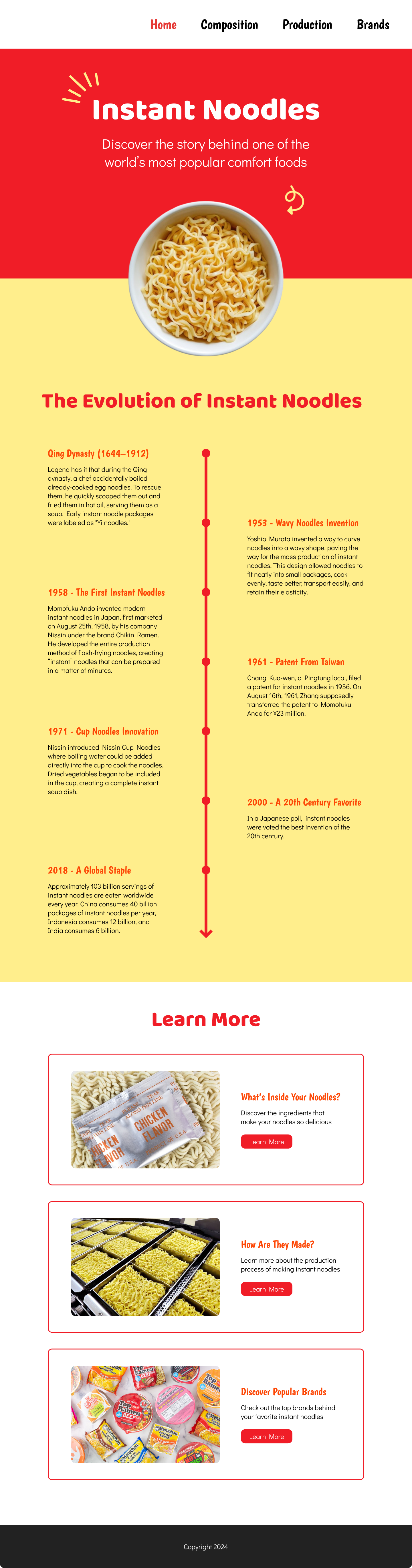 Mockup Version B of the Instant Noodles educational webpage highlighting a bold red and yellow design and a vertical timeline of instant noodle history