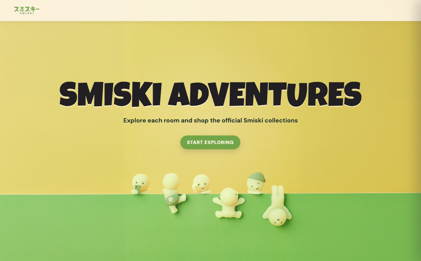 Smiski Adventures landing page on a desktop monitor mockup with green and yellow branding