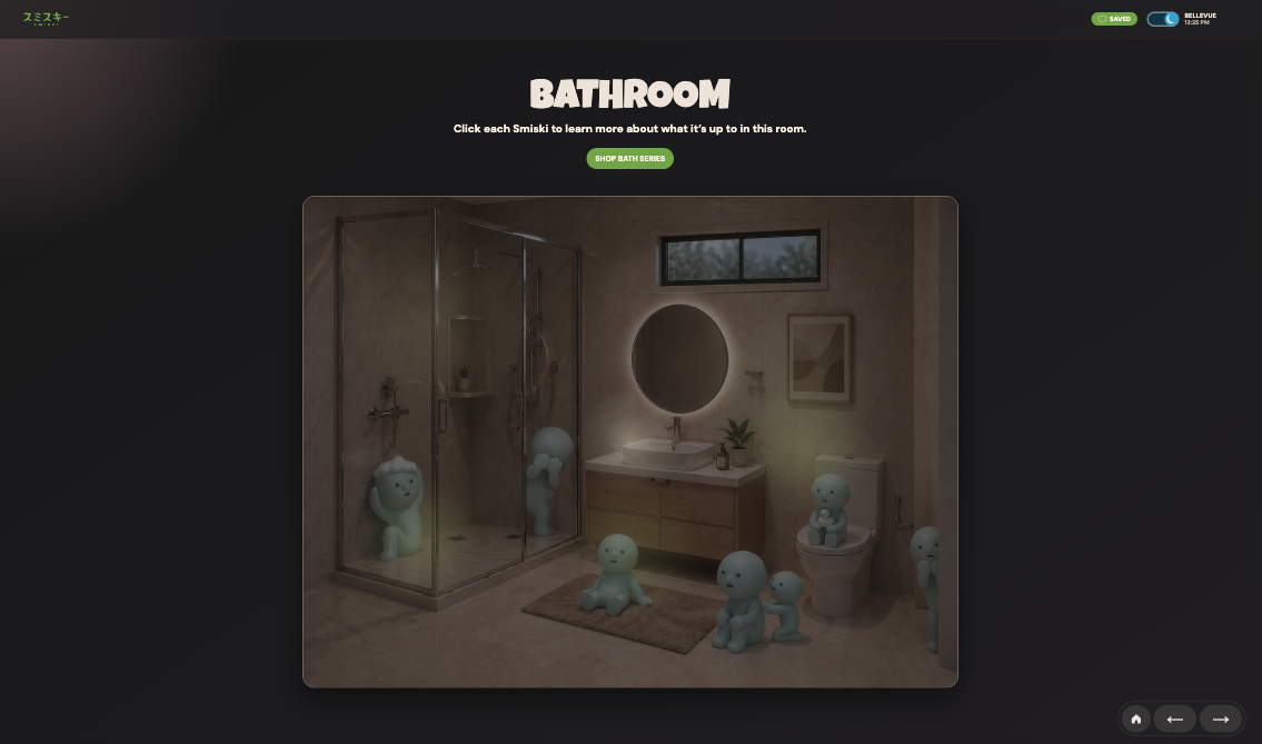 Bathroom in night mode with dimmed lighting featuring interactive Smiski figures placed around the room