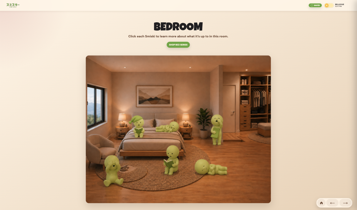 Bedroom in day mode featuring interactive Smiski figures placed around the room