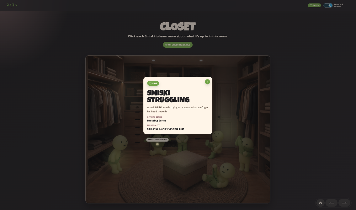 Closet in night mode showing an open modal for the Smiski Struggling character