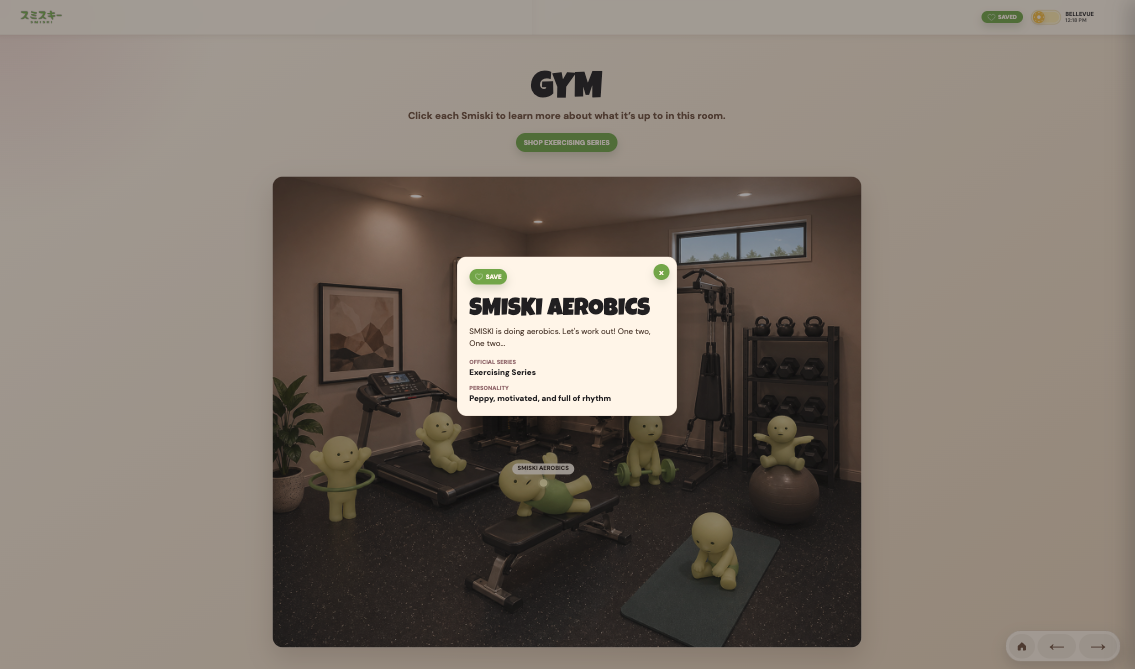 Gym in day mode displaying a detail modal for the Smiski Aerobics figure