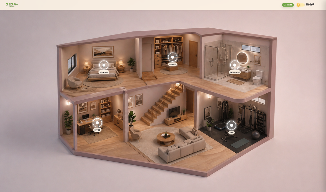 3D layout of the interactive Smiski dollhouse showing clickable room hotspots
