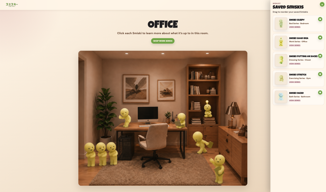 Office in day mode with an open sidebar displaying saved Smiski figures