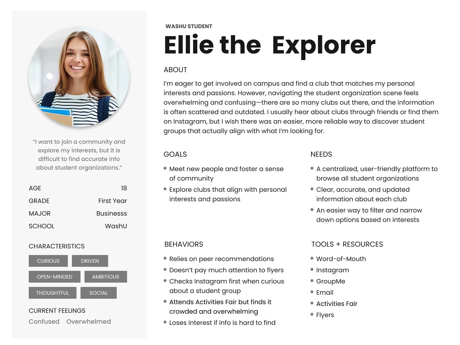 Student persona profile describing goals, behaviors, needs, and frustrations when discovering campus organizations