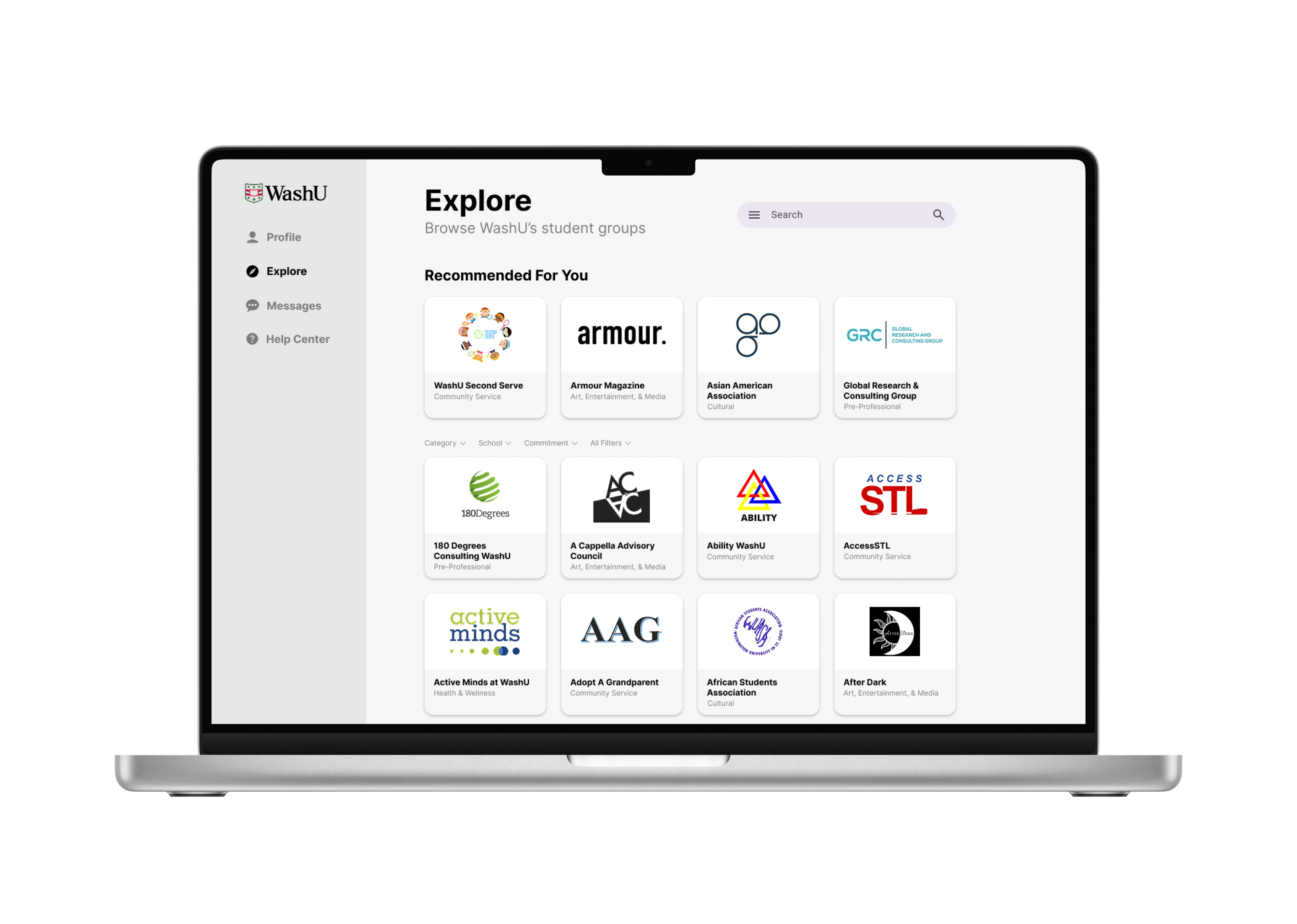 Club Discovery platform interface displayed on a laptop screen