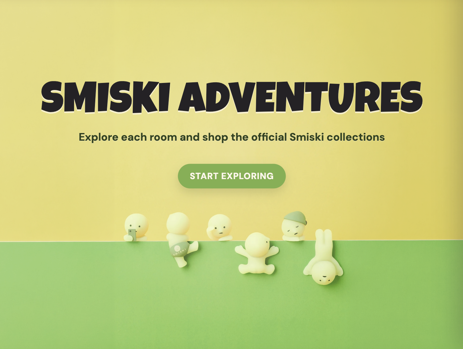 Smiski Adventures landing page on a desktop monitor mockup with green and yellow branding