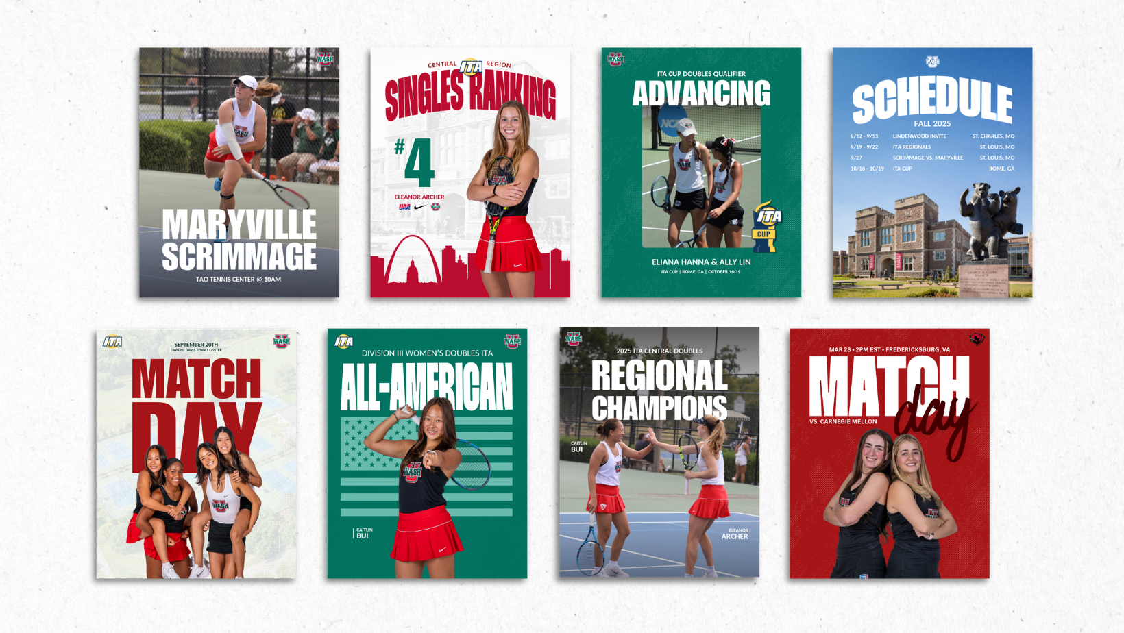 WashU women's tennis social media graphic collection featuring match announcements, rankings, and player highlights