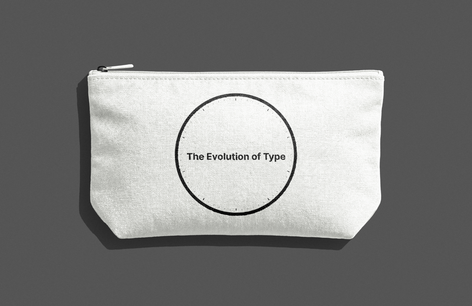 Mockup of a canvas pencil pouch with the Evolution of Type logo printed on it