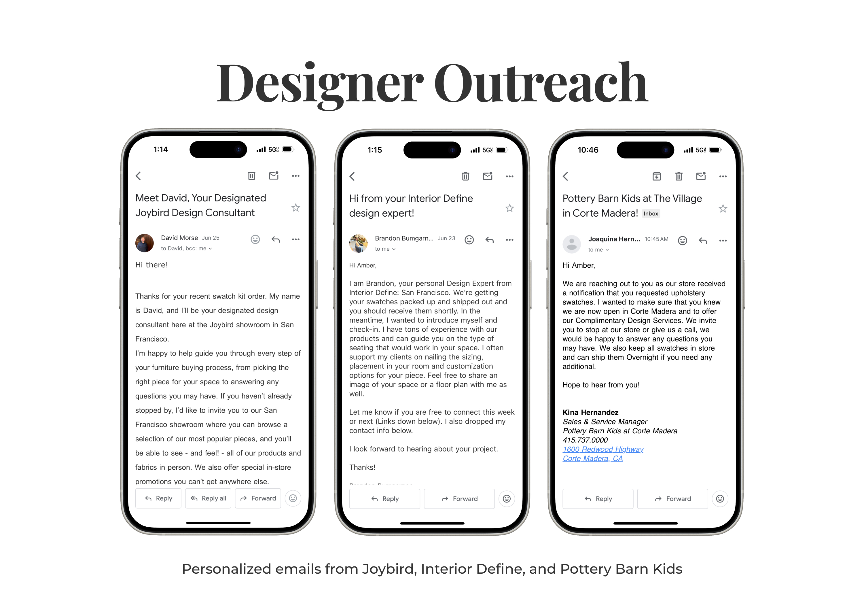 Email outreach concept for connecting customers with a designer