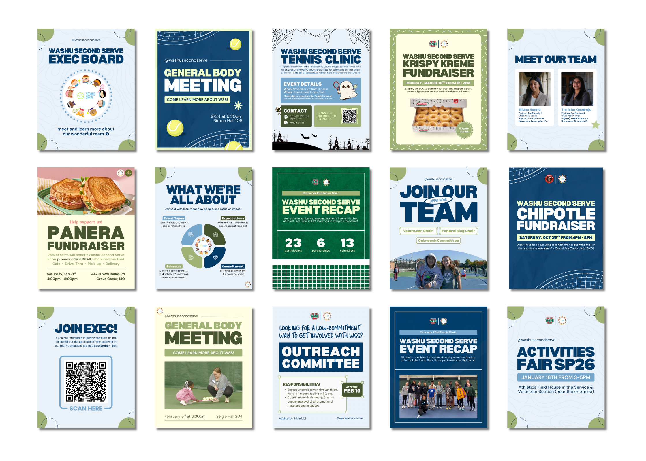 Collection of posts for a university club featuring blue and green designs, highlighting tennis clinics, volunteer recruitment, and fundraisers