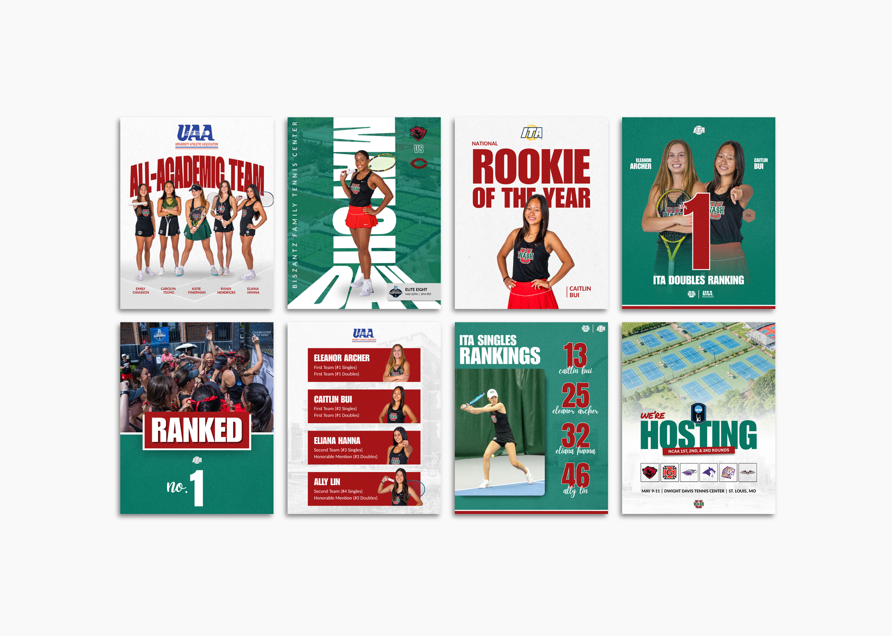WashU women's tennis social media graphic collection featuring match announcements, rankings, and player highlights
