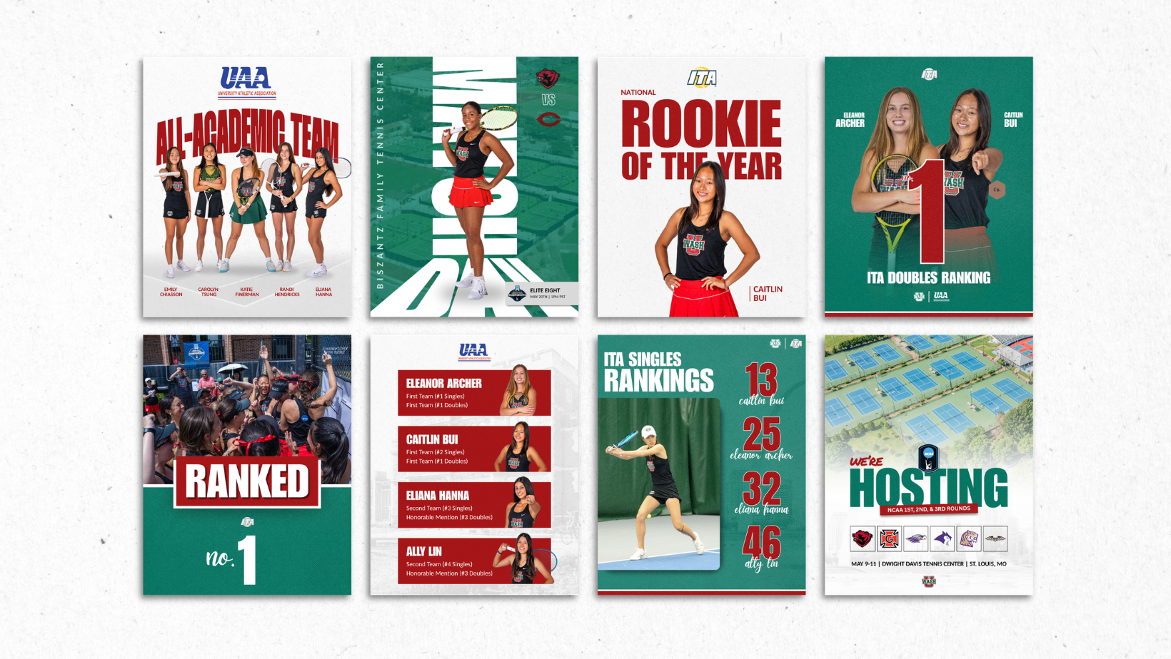 WashU women's tennis social media graphic collection featuring match announcements, rankings, and player highlights