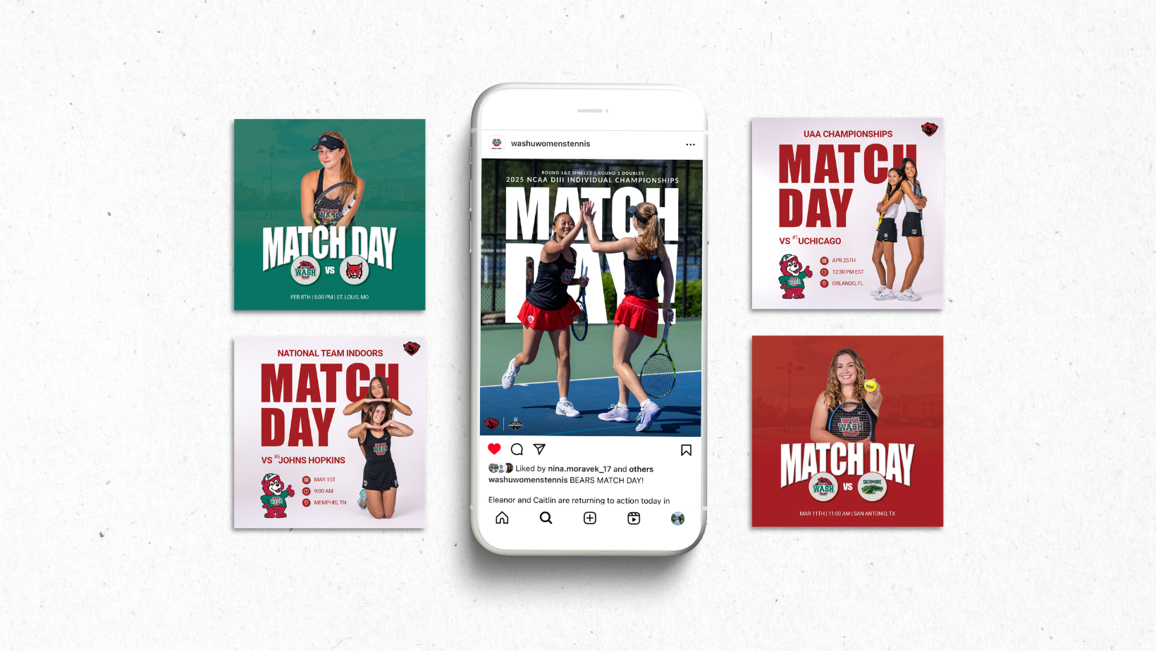 WashU women's tennis social media design mockups featuring match day posts and score results arranged around a smartphone interface