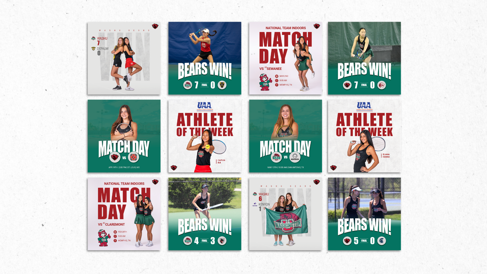 WashU women's tennis promotional graphics showcasing match results, athlete of the week, team visuals, and more
