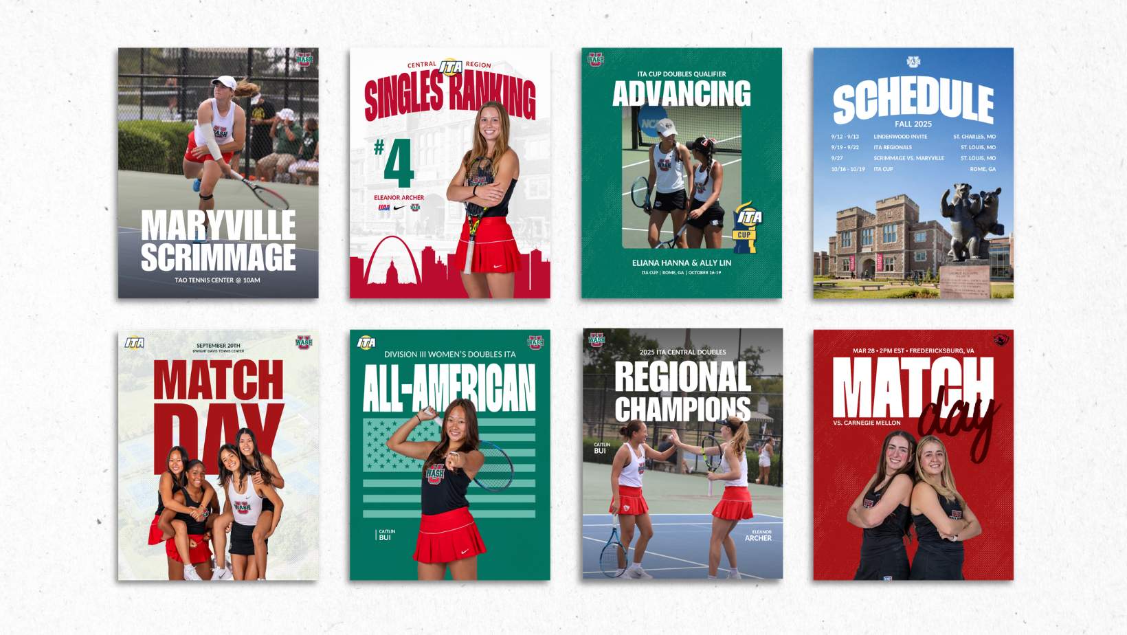 WashU women's tennis social media graphic collection featuring match announcements, rankings, and player highlights
