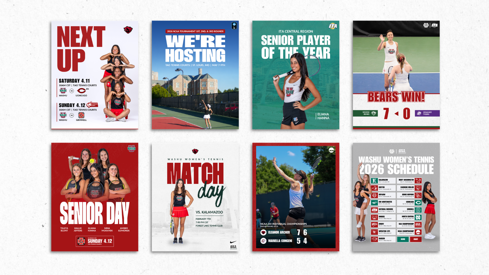 WashU women's tennis social media design mockups featuring match day posts and score results arranged around a smartphone interface