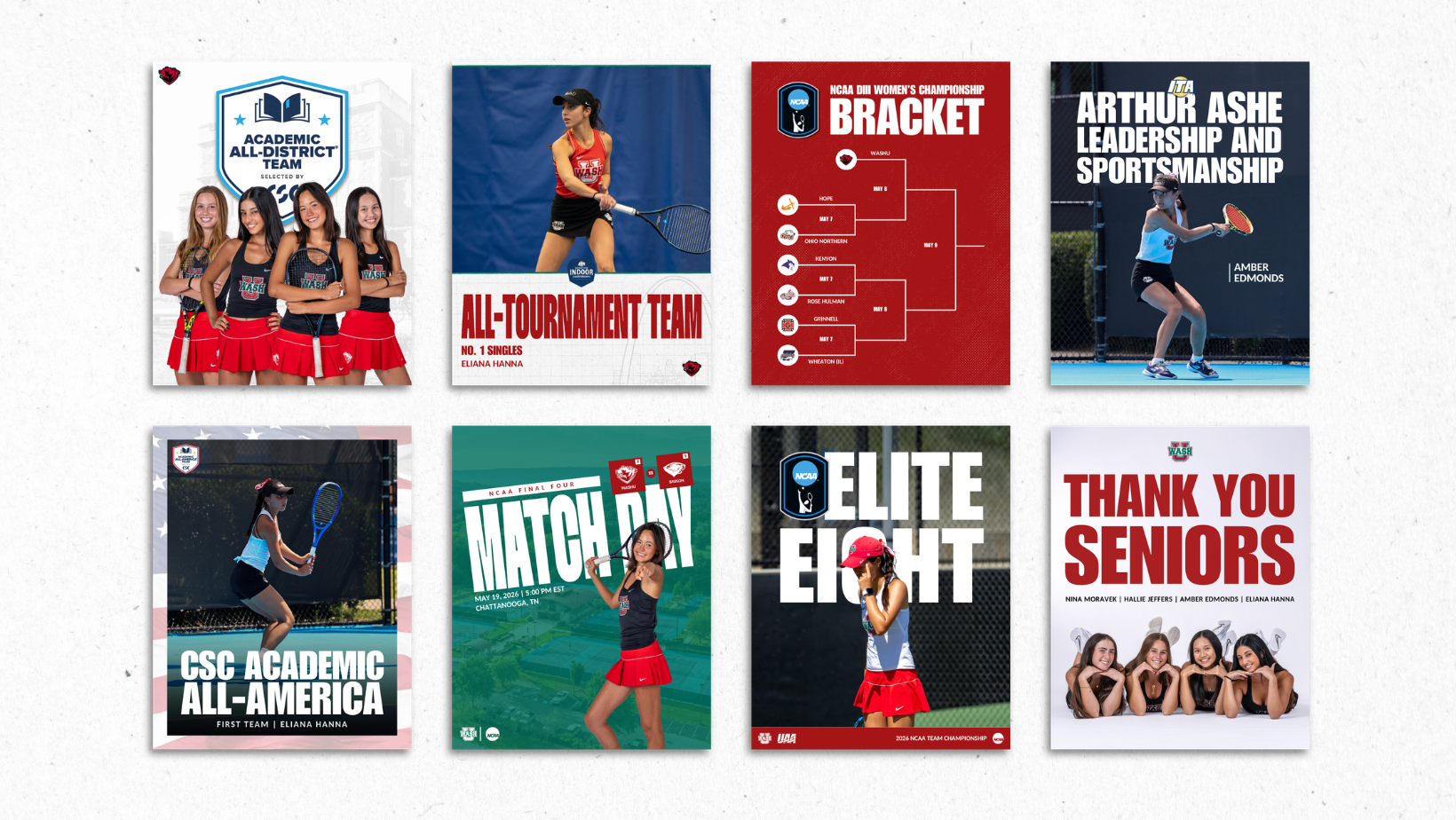 WashU women's tennis promotional graphics showcasing match results, athlete of the week, team visuals, and more