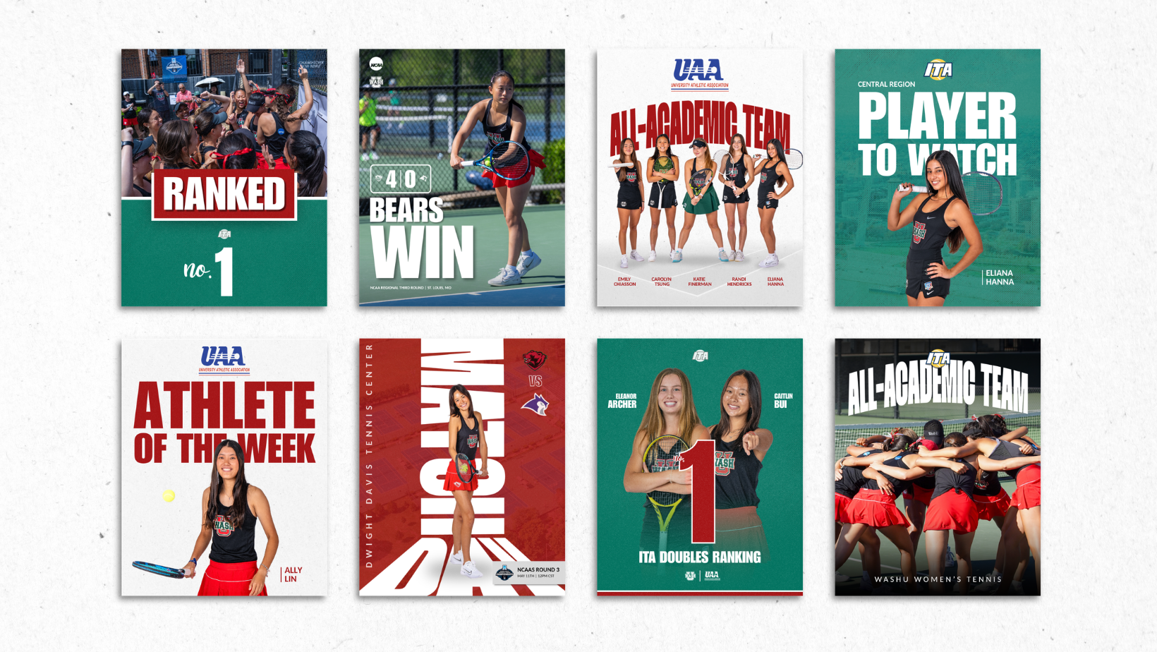 WashU women's tennis promotional graphics showcasing match results, athlete of the week, team visuals, and more