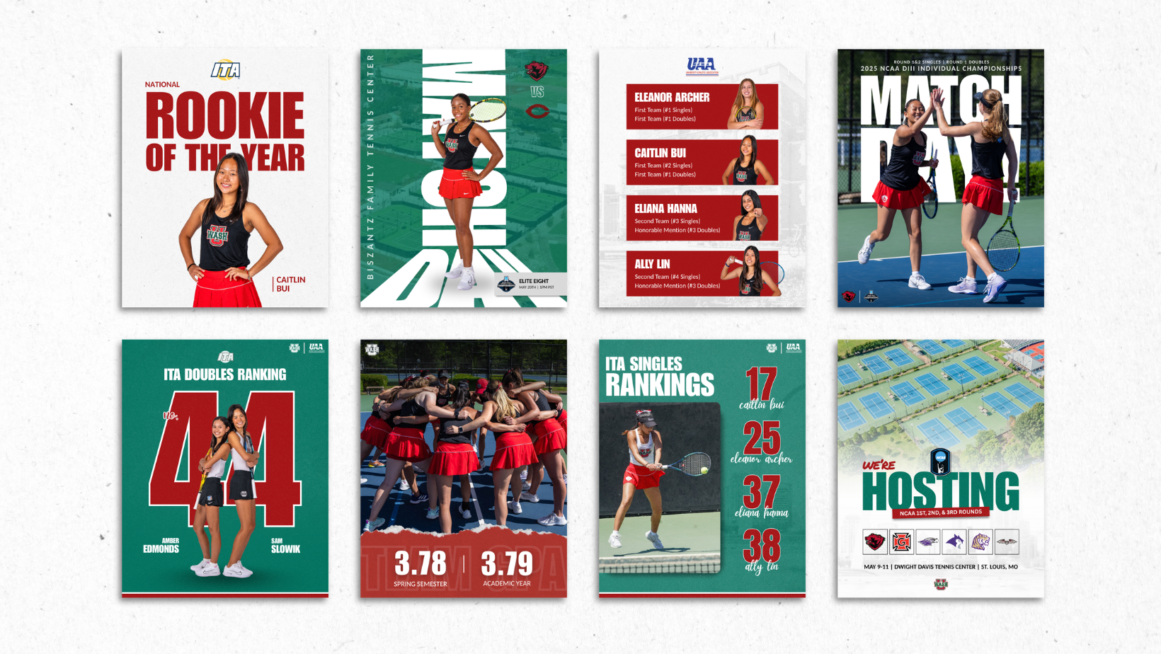 WashU women's tennis promotional graphics showcasing match results, athlete of the week, team visuals, and more