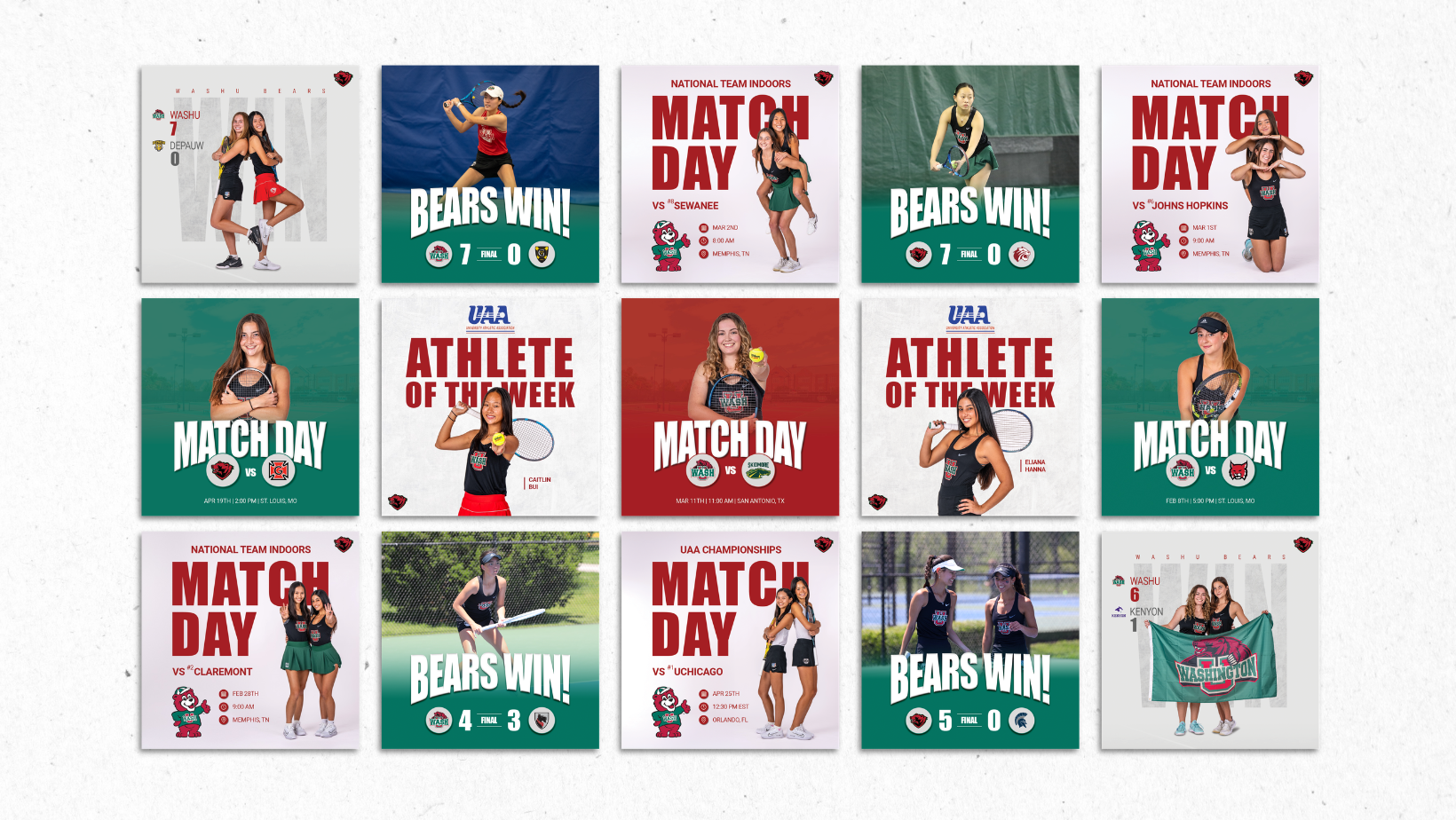 WashU women's tennis promotional graphics showcasing match results, athlete of the week, team visuals, and more